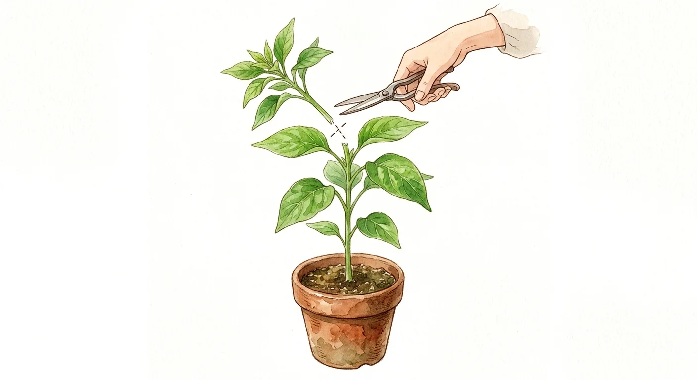 A young chili plant with its growing tip pinched out just above a leaf node