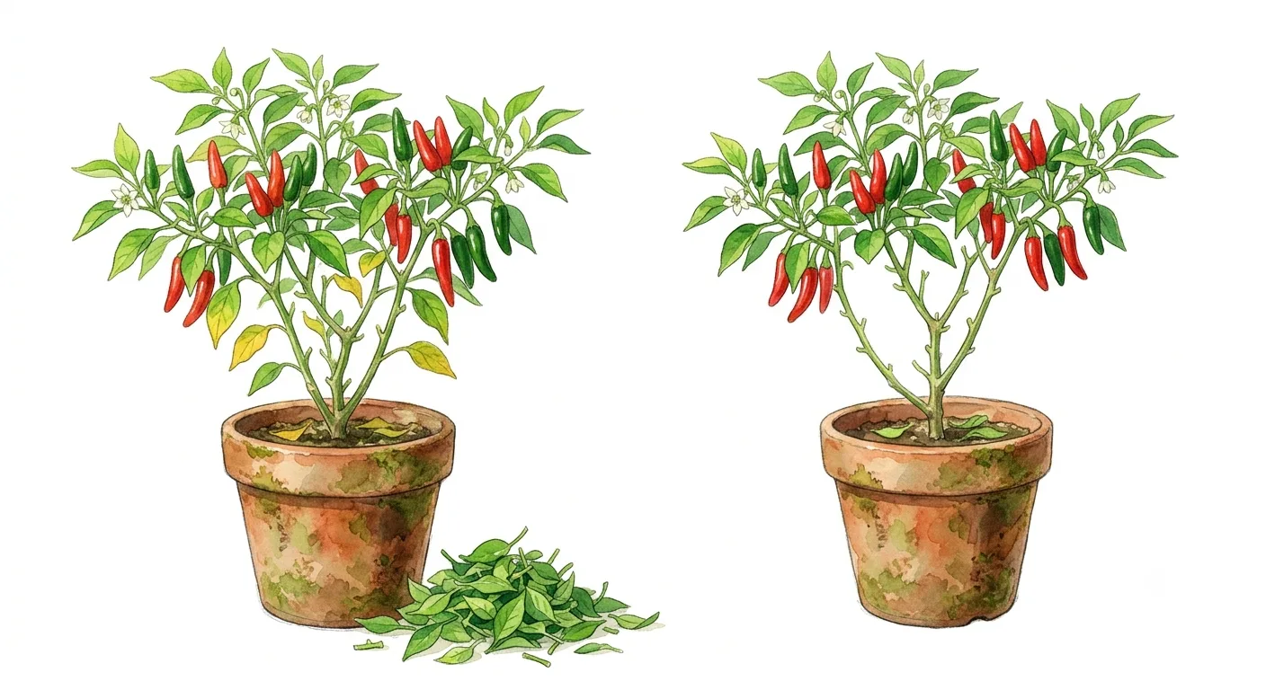 Lower leaves being cleared from the base of a chili plant to open up airflow