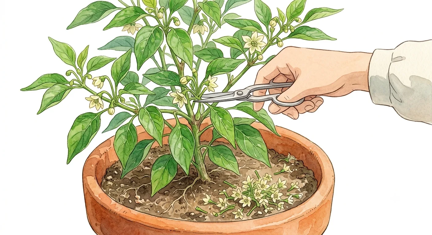A hand removing the first small flower bud from a young chili plant